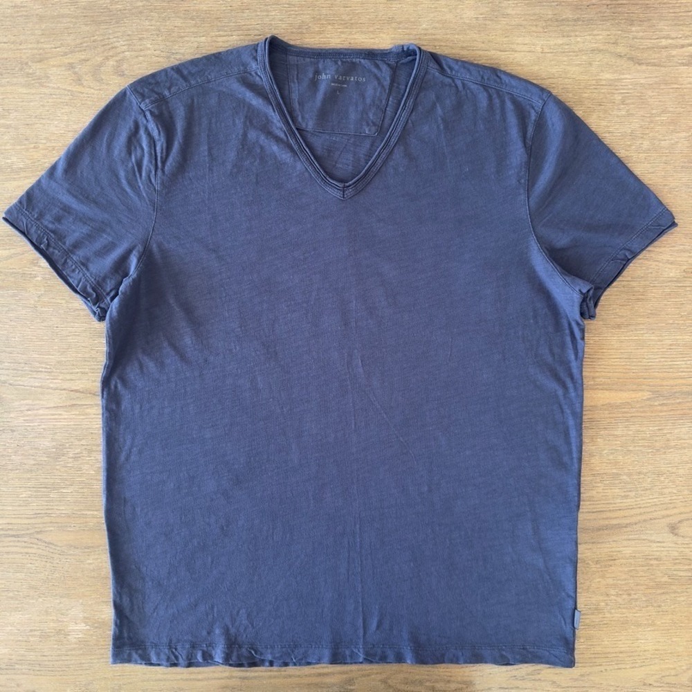 John Varvatos Miles Slub 100% Cotton V-Neck Raw Edge T-Shirt-Blue Graphite-Sz Lg